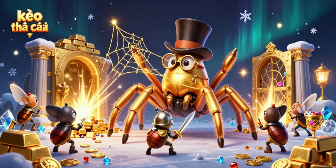Engage with kèo nhà cái in a vibrant scene featuring a golden tarantula and beetle knight.