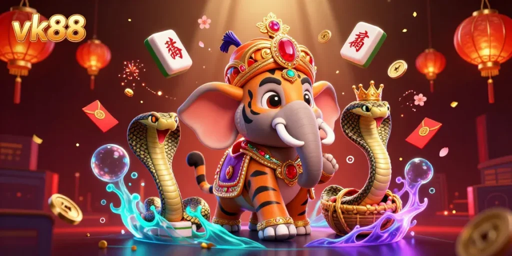 Experience the thrill of vk88 with a vibrant casino scene featuring a maharaja tiger and elephant.