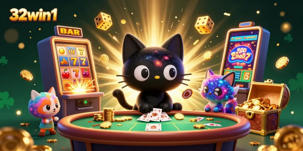 Experience the thrill of 32win1 with a cosmic casino scene of fun characters and stunning visuals.