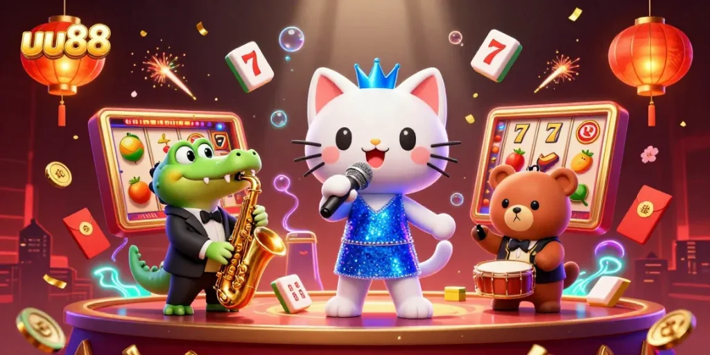 uu88 casino experience with a jazz singer cat and vibrant slot game elements