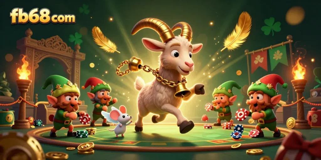 Engage with thrilling games at fb68 com featuring festive 3D characters in a captivating casino scene.