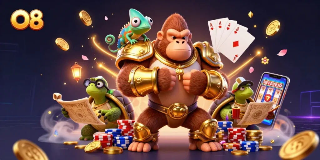 Win big at O8 with a powerful gorilla in golden armor, chameleon companion, and wise tortoise.