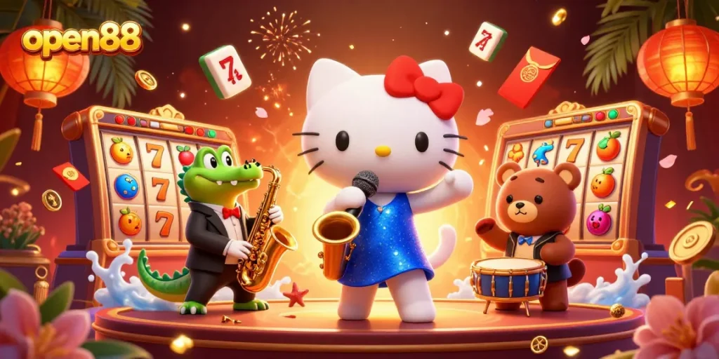 Experience the thrill of open88 with a lively casino scene featuring a jazz-singer cat and vibrant game elements.