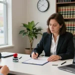 Notary public in Brampton providing professional notary services in a warm office environment.