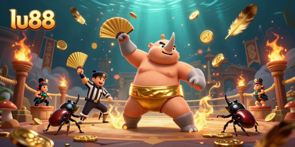 Engage in thrilling gameplay at lu88 with a vibrant illustration of a sumo champion beetle and cricket referee.