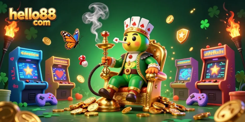 Engage with thrilling casino adventures at hello88 com featuring a vibrant 3D illustration of a hookah-master.