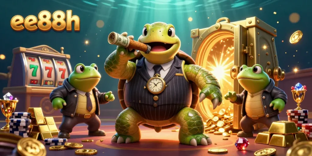 Experience the thrill of gaming at ee88h with a vibrant 3D casino scene featuring a turtle in a mobster suit.