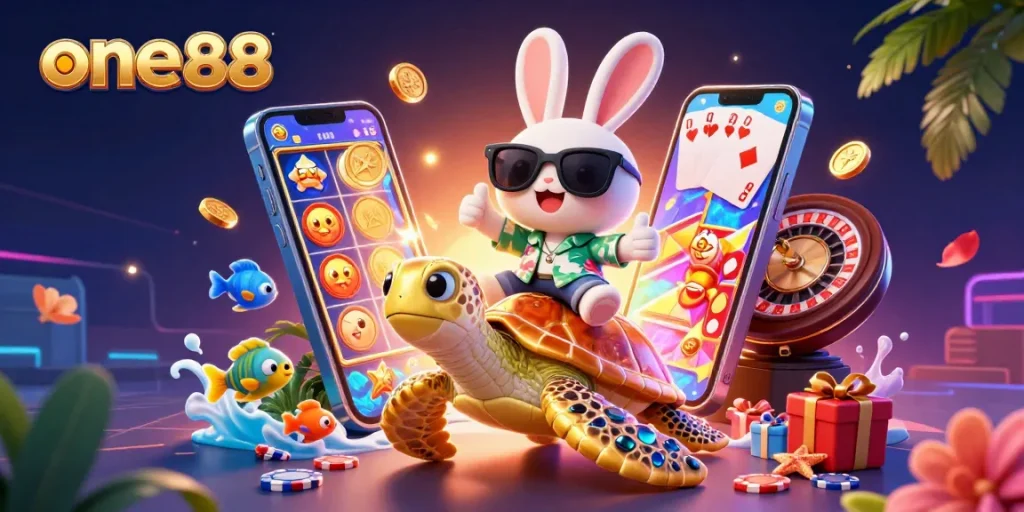 Experience the thrill of one88 with our vibrant casino-themed illustration showcasing fun characters and engaging gameplay.