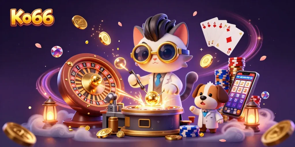 Join the excitement at Ko66 with mad scientist cat and loyal dog in a vibrant casino world!