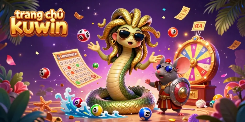 Engage in exciting casino action at trang chủ kuwin with a vibrant 3D scene of Medusa and a shield warrior amidst colorful lottery balls.