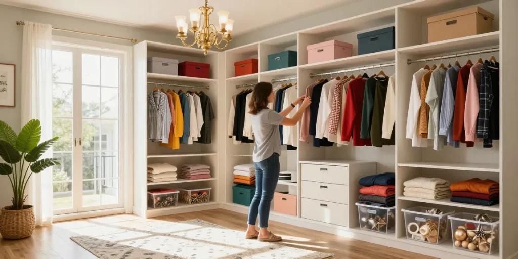 Closet organizing Ottawa scene with a professional organizer sorting clothes in a stylish, well-lit closet.
