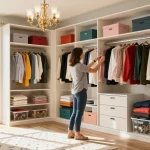 Closet organizing Ottawa scene with a professional organizer sorting clothes in a stylish, well-lit closet.