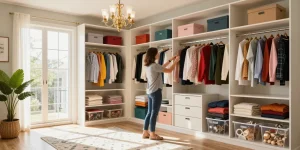 Closet organizing Ottawa scene with a professional organizer sorting clothes in a stylish, well-lit closet.