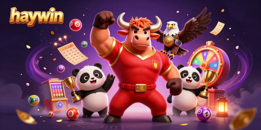 Engage in a vibrant haywin casino scene with a cheerful panda celebrating a win alongside a muscular bull.