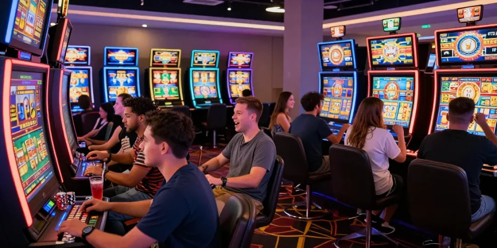 Pengalaman bermain tahun4d di kasino online dengan pemain menikmati mesin slot yang cerah dan suasana menyenangkan.