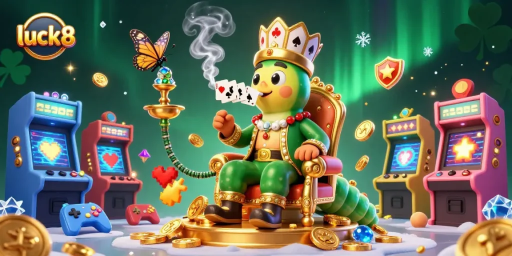 Engage with luck8's vibrant online gaming scene featuring a creative caterpillar character blowing poker symbols.