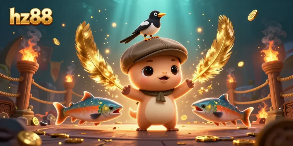 Experience thrilling wins with hz88 in a vibrant 3D casino scene featuring playful characters and golden treasures.