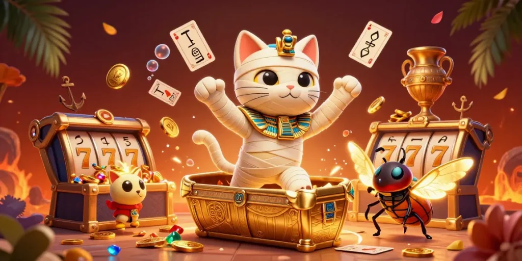 Experience the thrill of nổ hũ with a mummy cat and glowing scarab in a lively casino scene.