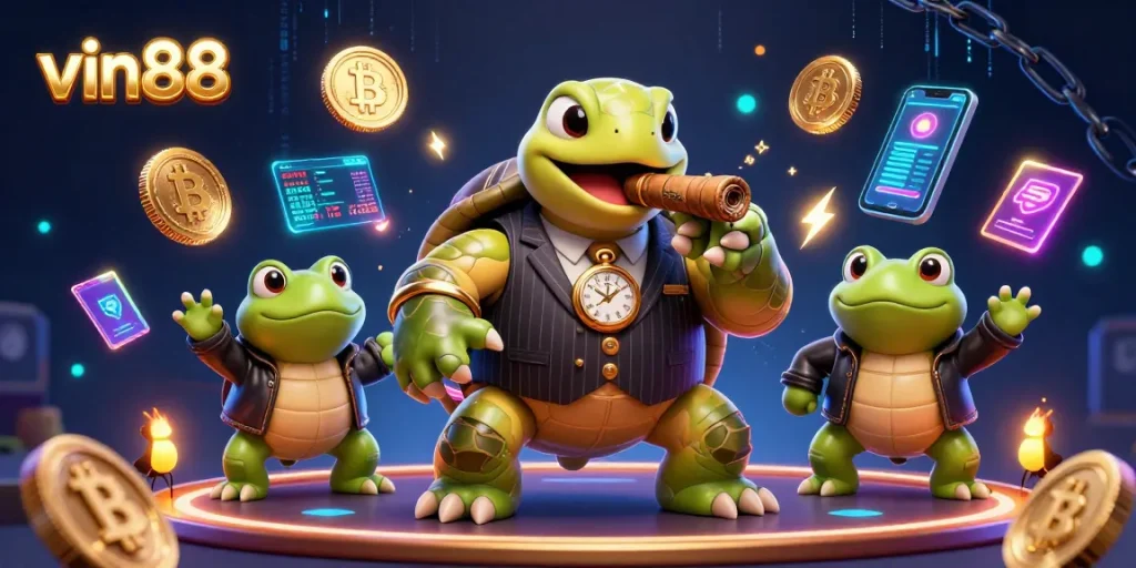 Engage with vin88's vibrant casino scene showcasing a turtle mobster and bullfrog enforcers.