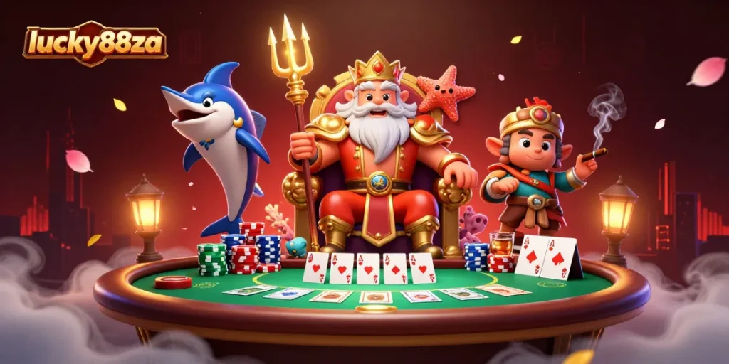 Experience thrilling poker action with lucky88za's vibrant 3D casino illustration featuring Neptune and samurai.