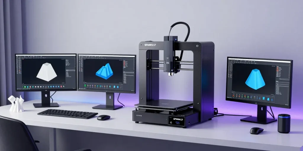 Best beginner 3D printer showcased in a modern tech workspace with 3D printing software, highlighting innovative engineering.
