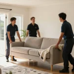 Expert furniture movers Tauranga carefully relocating a sofa into a bright living room, showcasing the professionalism and care of the moving service.