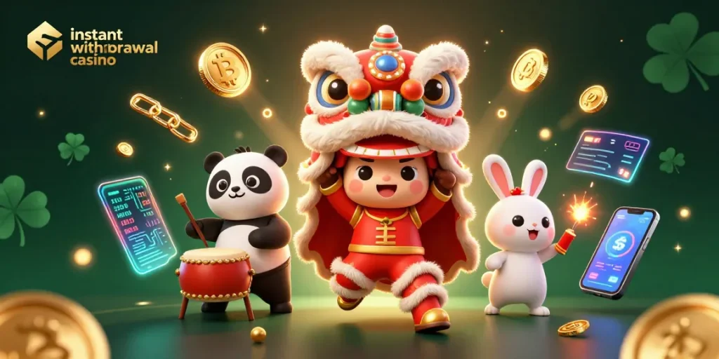 Experience the thrill at an instant withdrawal casino, showcasing vibrant characters and crypto elements.