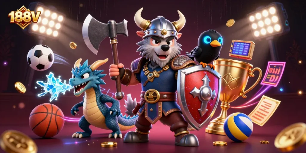 Engage with 188V and experience thrilling gaming action featuring a Viking warrior, dragon, and lively sports elements.
