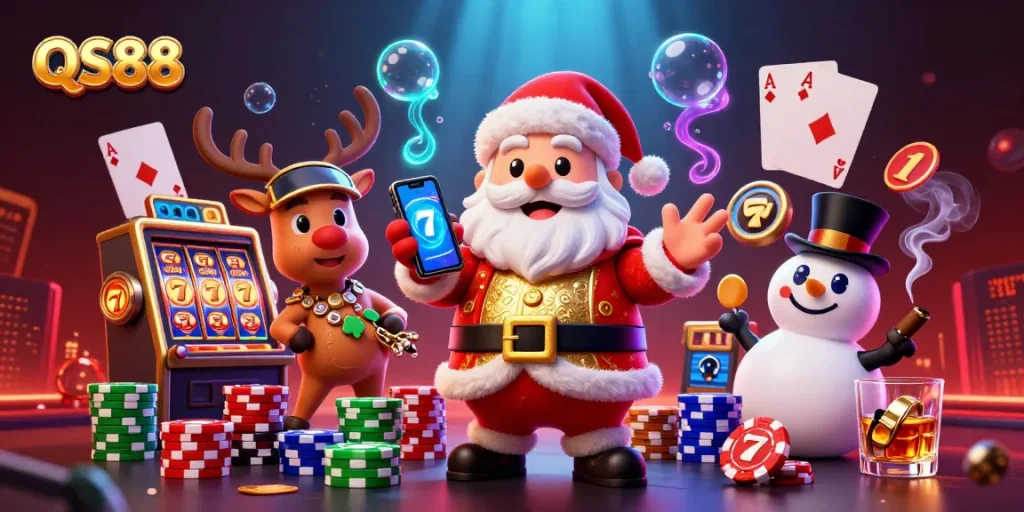 Experience thrilling jackpots with QS88 in a vivid casino atmosphere filled with festive characters and game elements.