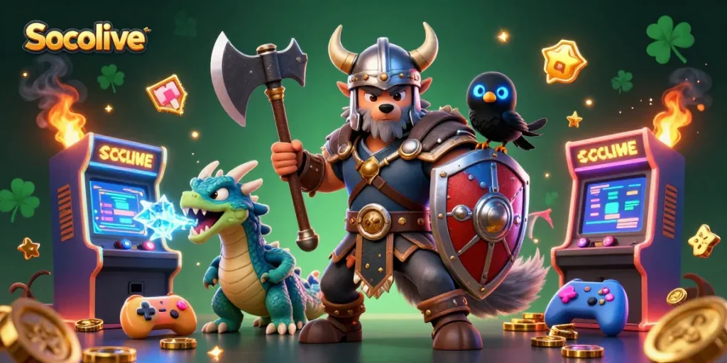 Engage in thrilling gambling action with Socolive's iconic Viking warrior in an immersive gaming environment.