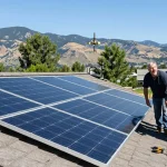 Kelowna solar panel installation showcasing professional installer on residential roof with stunning Okanagan landscape.