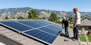 Kelowna solar panel installation showcasing professional installer on residential roof with stunning Okanagan landscape.