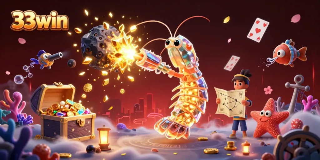 33win features a galactic samurai shrimp and starfish amidst exploding treasure, showcasing thrilling casino action.