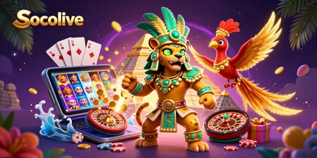 Socolive enhances online gameplay with a vibrant scene featuring a Mayan priest, quetzal bird, and casino elements.