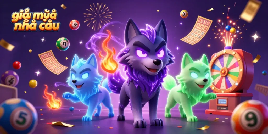 Experience the thrill with giải mã nhà cái showcasing ghostly wolves amid dynamic lottery elements and excitement.