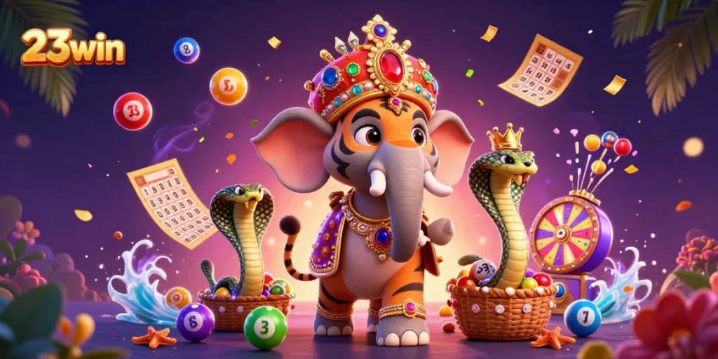 Experience thrilling lottery action with 23win's vibrant 3D casino scene featuring dynamic game elements.