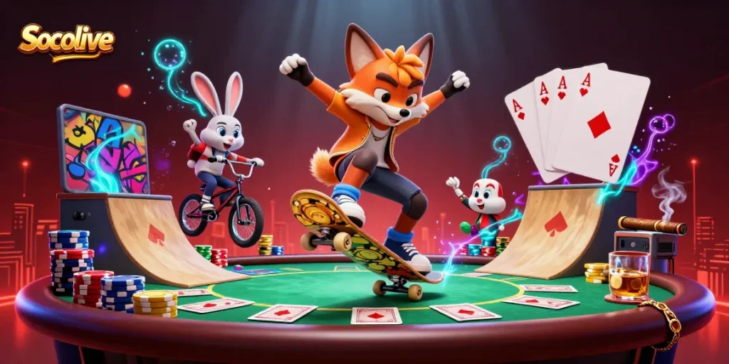 Socolive offers thrilling live betting scenes with vibrant characters and casino elements.