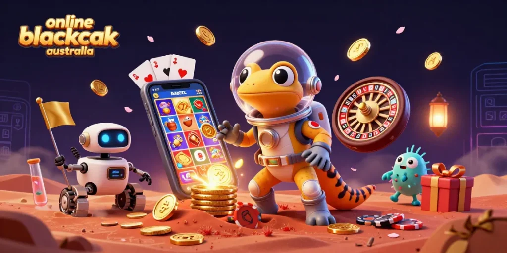 Experience online blackjack Australia with a Martian gecko and a robot in a vibrant casino scene.
