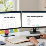 PBN link building service in action at a modern home office with analytics and strategy elements