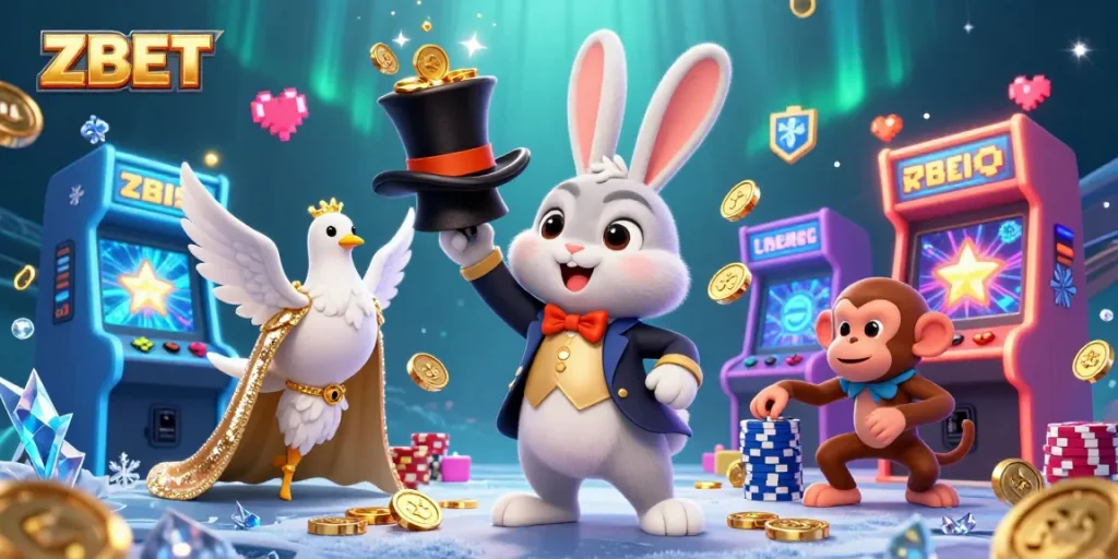 ZBET offers thrilling gaming action with a magician rabbit and colorful casino elements in this vibrant illustration.