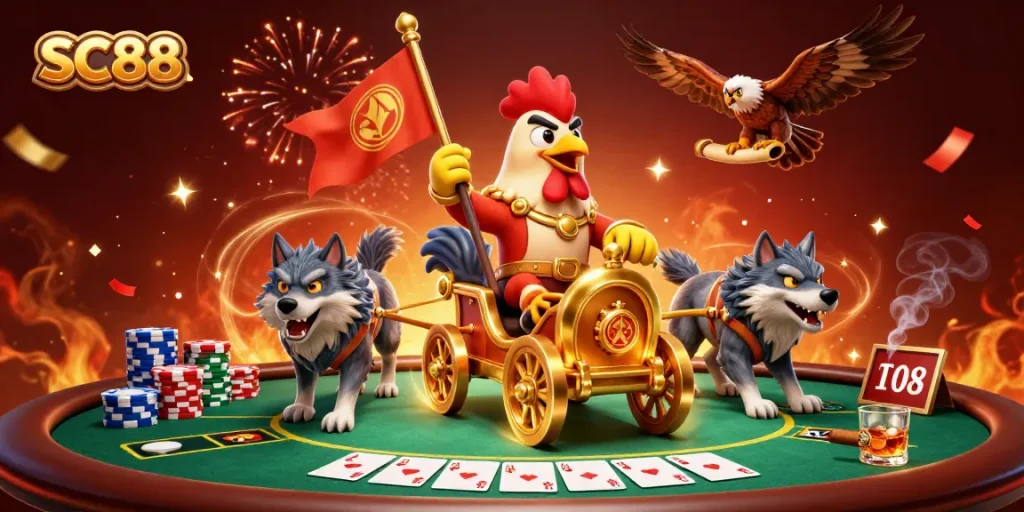 Engage with SC88's thrilling poker scene featuring a rooster warlord and dynamic casino elements.