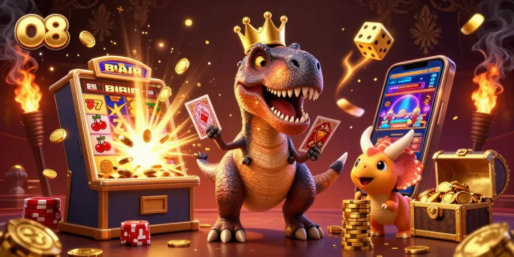 Experience exciting gameplay at O8's vibrant casino with a friendly T-Rex and engaging game elements.