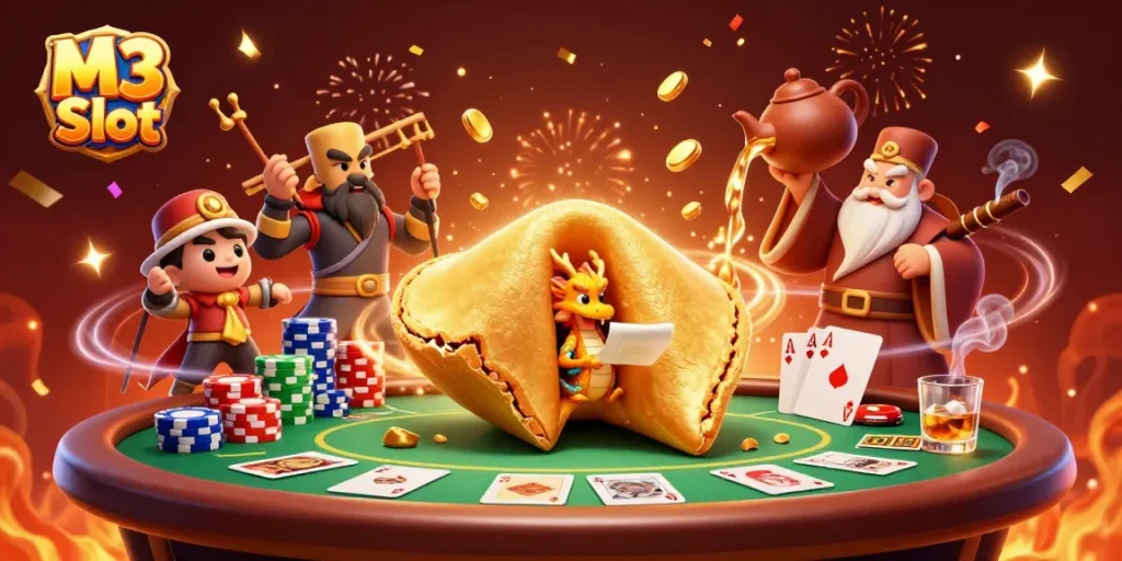 Experience thrilling M3 Slot gameplay with a golden fortune cookie, wise dragon, and poker elements.