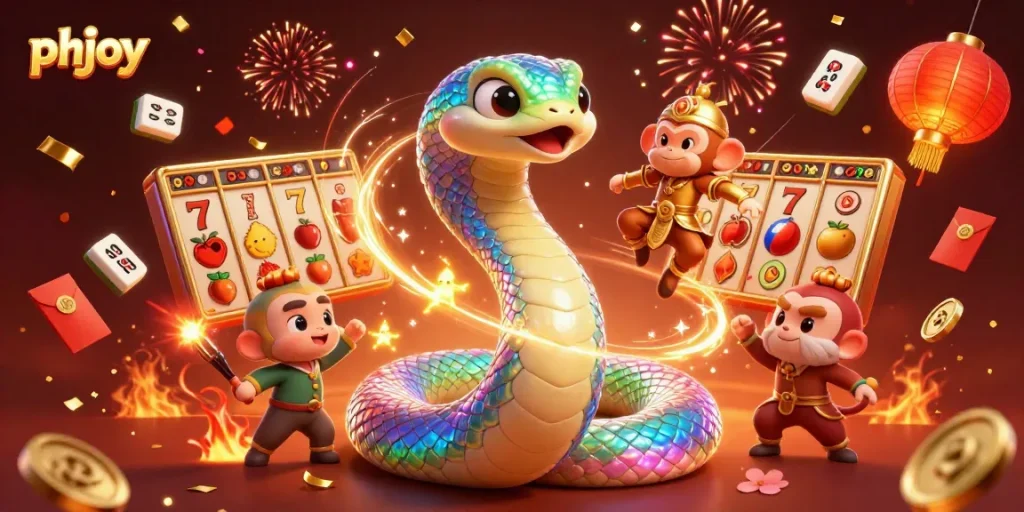 Spin to win on phjoy with winning symbols and magical characters in a vibrant casino scene.