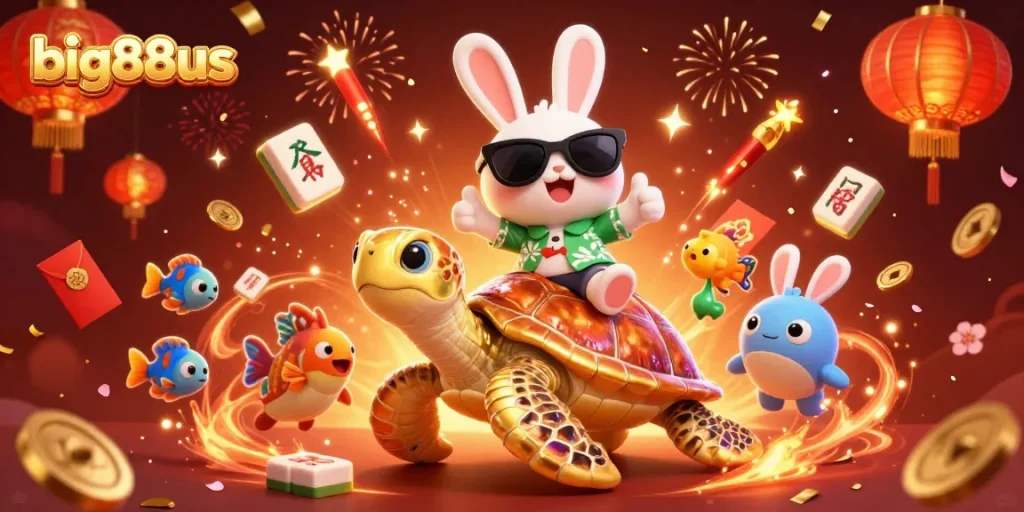 Experience the gaming excitement with big88us featuring a rabbit and turtle in a festive scene.