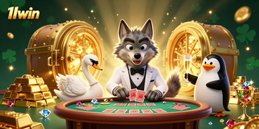 Experience thrilling baccarat with 11win, featuring vibrant characters and stunning casino elements.