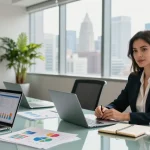 Jaklin Dalir strategizing in a bright corporate workspace with laptops and data visuals.