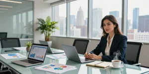 Jaklin Dalir strategizing in a bright corporate workspace with laptops and data visuals.