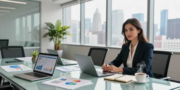 Jaklin Dalir strategizing in a bright corporate workspace with laptops and data visuals.