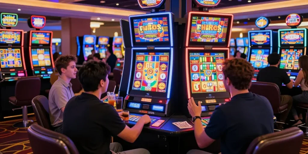Pengalaman bermain slot yang menegangkan di kasino, dengan pemain antusias menunggu kemenangan.